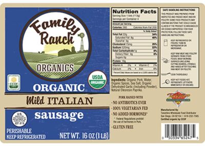 Family Ranch Organics Italian Sausage label by Bowen Printing